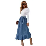High Waisted Denim Skirt Mid Length Ruffled Hem Pleated Design Casual Wear for Women Wholesale A
