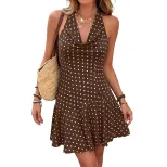 Vintage Polka Dot Halter Neck Dress Waist Defined Relaxed Fit Summer Vacation Style Wholesale Av