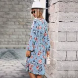 Floral Print Long Sleeve Dress Blue Pleated Round Neck Autumn Winter Fashion Wholesale Available