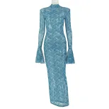 Retro Color Block Bodycon Dress for Women Long Sleeve Round Neck Semi Sheer Casual Chic Style Wh
