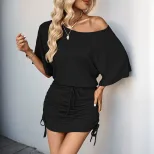 Batwing Sleeve Solid Color Dress Simple Design Pleated Detail Elegant Style Perfect for Parties
