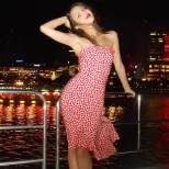 French Romantic Style Womens Strapless Bodycon Dress with Heart Print Slim Fit Long Length Perfe