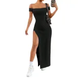 Elegant Solid Color High Waisted Split Long Dress Off Shoulder Knitted Comfortable Fit Summer Ca