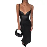 Chic Strapless A Line Dress Elegant Split Hem Thin Straps Solid Color PU Leather Perfect for Par