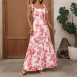 French Vacation Style Maxi Dress Vintage Floral Print Sleeveless Flowy Design Perfect for Summer