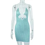 Plaid Print Sleeveless Backless Bodycon Dress Sexy Halter Neck Mid Waist Hollow Out Design Perfe
