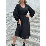 French V Neck Long Sleeve Dress Stylish Pom Detail Chic Casual Wear for Women Ready to Ship OEM