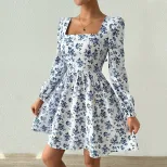 Elegant French Style Square Neck Dress High Waist Backless Floral Print Spring Summer Casual Wea