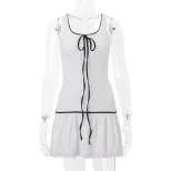 Summer Womens Sleeveless Dress Sexy Fit Bow Tie Mesh Fabric Trendy Style Perfect for Parties and