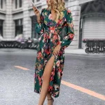 Floral Print Long Sleeve Dress Elegant Green Design Autumn Party Travel Wear Wholesale Available