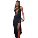 Sleeveless Mesh Panel Midi Dress Solid Color Hollow Out Side Slit Bodycon Fit Evening Wear Party