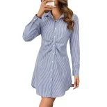 Striped Shirt Dress Short Sleeve Collared Casual Style Summer Office Wear Wholesale Available