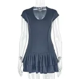 A Line Ruffle Dress Slim Fit Solid Color Short Sleeve U Neck Summer Fashion for Women Wholesale