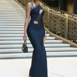 Sleeveless Mesh Panel Midi Dress Solid Color Hollow Out Side Slit Bodycon Fit Evening Wear Party