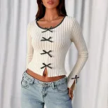 Knit Long Sleeve Top Cream Color Striped Design Bow Detail Elegant Layering for Spring and Summe