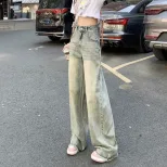 美式复古磨白做旧阔腿牛仔裤女春夏新款高腰显瘦宽松垂感拖地裤子