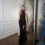 Sleeveless High Neck Dress Elegant Slim Fit Solid Color High Slit Design Perfect for Formal Occa