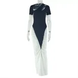 Black and White Color Block Bodycon Dress Hollow Out Design Short Sleeve Versatile Style Perfect