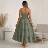 Casual Vacation Style Halter Neck Maxi Dress Solid Color Layered Design Flowy Silhouette Perfect