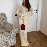 Two Piece Set Hollow Knit Skirt and Long Sleeve Top French Vacation Style Cotton Casual Ready to