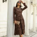 Vintage Leopard Print Ruffle Sleeve Long Sleeve Dress for Women in Apricot Autumn Winter Wholesale low MOQ