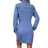 Vintage Denim Long Sleeve Dress for Women Slim Fit Waist Defined Casual Style Perfect for Spring