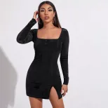 Velvet Bodycon Dress Sexy Split Hem Square Neck Long Sleeve Elegant French Style for Parties Who