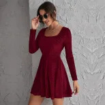 Womens Velvet Long Sleeve Dress Waist Defining Flared Hem Elegant Style Perfect for Parties and