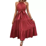 Elegant Solid Color Midi Dress Summer Style Halter Neck Comfortable Fabric Perfect for Casual Ou