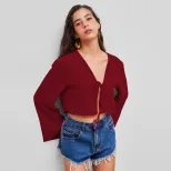 V Neck Tie Front T Shirt Sexy Design Burgundy Color Lightweight Fabric Spring Summer Casual Wear