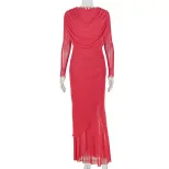 Elegant Womens Bodycon Dress Solid Color Ruffled Design Long Sleeve Round Neck Perfect for Parti