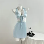 C2现货-95292#亚马逊跨境欧美蕾丝拼接V领纯欲挂脖绑带女装连衣裙