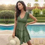Summer Womens Dress Solid Color Ruffle Hem Casual Vacation Style Available in Green Wholesale Sizes S to XL