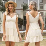 Cotton Linen Summer Dress Solid Color Bow Tie Sleeveless Casual Wear for Women Wholesale Availab