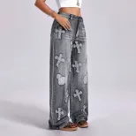 Vintage Embroidered Cross Denim Jeans Womens Straight Leg Retro Style Casual Wear Wholesale Avai