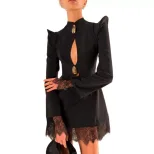 Elegant Hollow Out Long Sleeve Dress Sexy Design Shoulder Pads Waist Cinching Solid Color Perfec