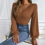 V Neck Puff Sleeve Knit Top Slim Fit Casual Style Elegant Design Perfect for Office Wear Wholesa