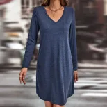 Loose Fit Solid Color Long Sleeve Dress V Neck Casual Style Spring Summer Fashion Wholesale Avai