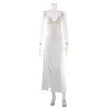 V Neck Satin Maxi Dress French Style Elegant Design Color Block Summer Fashion Wholesale Availab