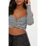 Off Shoulder Striped Crop Top Slim Fit Long Sleeve Casual Style Perfect for Spring and Summer Wh