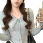 Apricot Lace Bow V Neck Long Sleeve T Shirt for Women Soft Fabric Irregular Hem Spring Layering Top