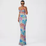 Sleeveless Color Block Printed Bodycon Maxi Dress Hollow Out Design Sexy Fit Spring Summer Fashi