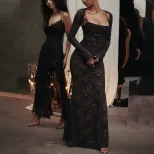 Womens Sleeveless Lace Maxi Dress Elegant Floral Design Long Sleeve Sexy Fit Perfect for Autumn