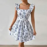 Floral Print Backless Dress Sweet Slim Fit Ruffled Sleeves Spring Summer Style Wholesale Availab