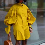 Plus Size Womens Casual Long Sleeve Shirt Dress Loose Fit Solid Color Puff Sleeves Everyday Wear