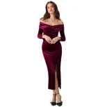 Velvet Bodycon Midi Dress for Women Cross V Neck Off Shoulder Side Slit Elegant Evening Wear Who