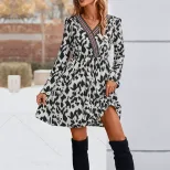 Color Block Leopard Print Dress Elegant Design Long Sleeve Fall Winter Fashion Wholesale Availab