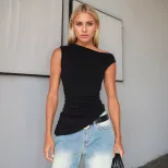 Womens Sleeveless T Shirt Sexy Asymmetrical Neckline Chic Style Spring Summer Fashion Wholesale