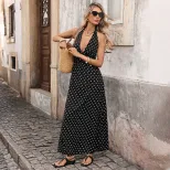 Vintage Polka Dot Maxi Dress Halter Neck V Neck Sleeveless Retro Style Perfect for Summer Vacati