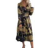 Vintage Party Dress V Neck Long Sleeve Gold Foil Detail Elegant Style for Special Occasions Whol